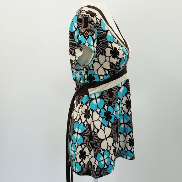 Vintage Y2K Speechless Babydoll Top Size L Brown Turquoise Retro Print Tie Waist - Picture 4 of 7